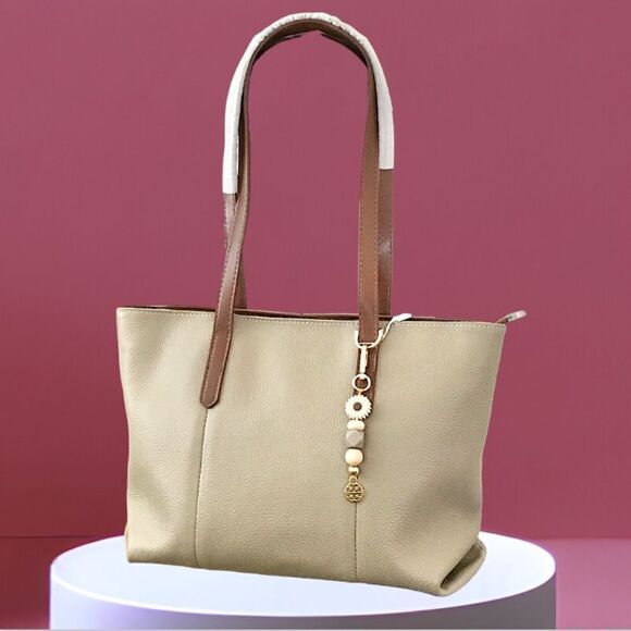 LEATHER TOTE HANDBAG SHOULDER BAG NEUTRAL COLOR - Picture 1 of 7
